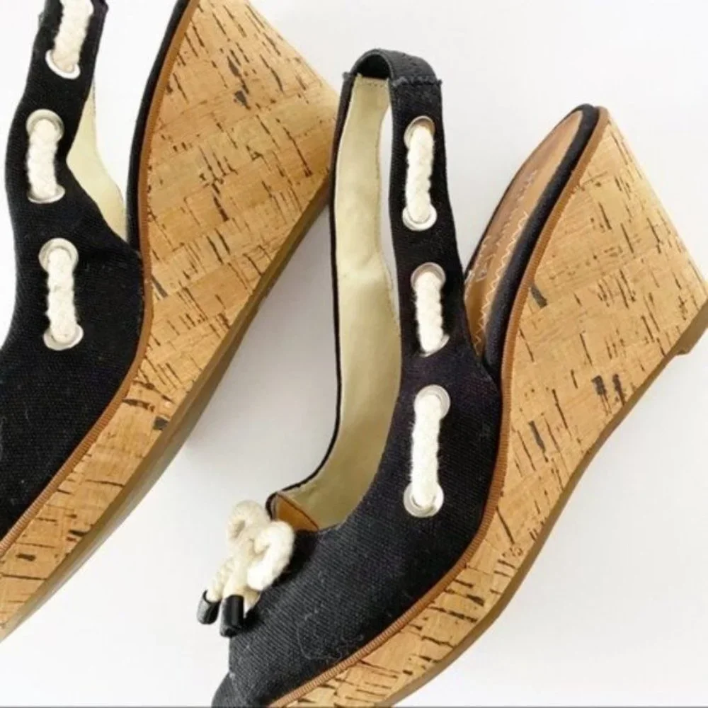 Sperry Southport Black Canvas Wedge Sandals Nautical Casual Comfort Size 7